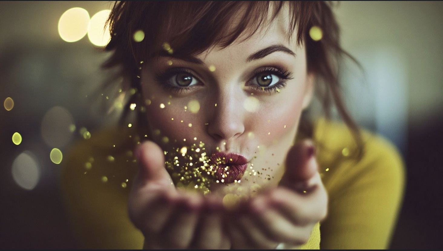 Jeune femme soufflant des paillettes dorées, évoquant la part inspirante et créative de la transformation