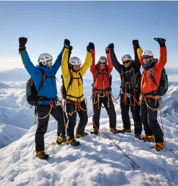 Équipe d'alpinistes célébrant ensemble la réussite au sommet